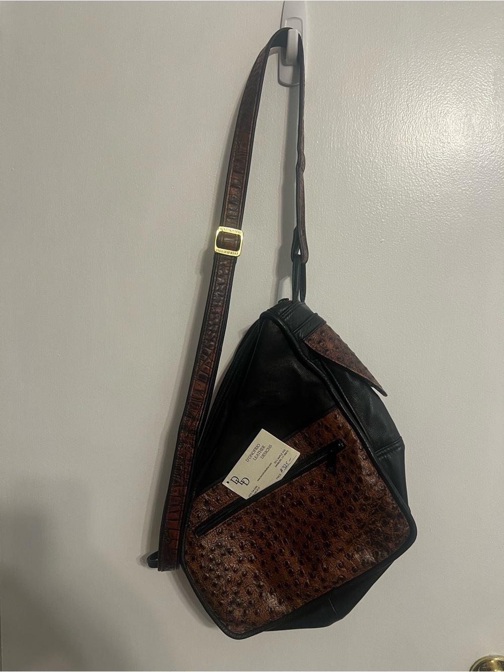 D’Onofrio Black and Brown Leather Crossbody Handmade Sling Bag w/Croc Accents